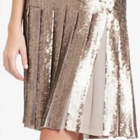 NEW ✅ BCBGMaxAzria  Pleated Sequined Lined Skirt ~ Size L ~ Gold / Beige ⭐ New - Picture 4 of 9